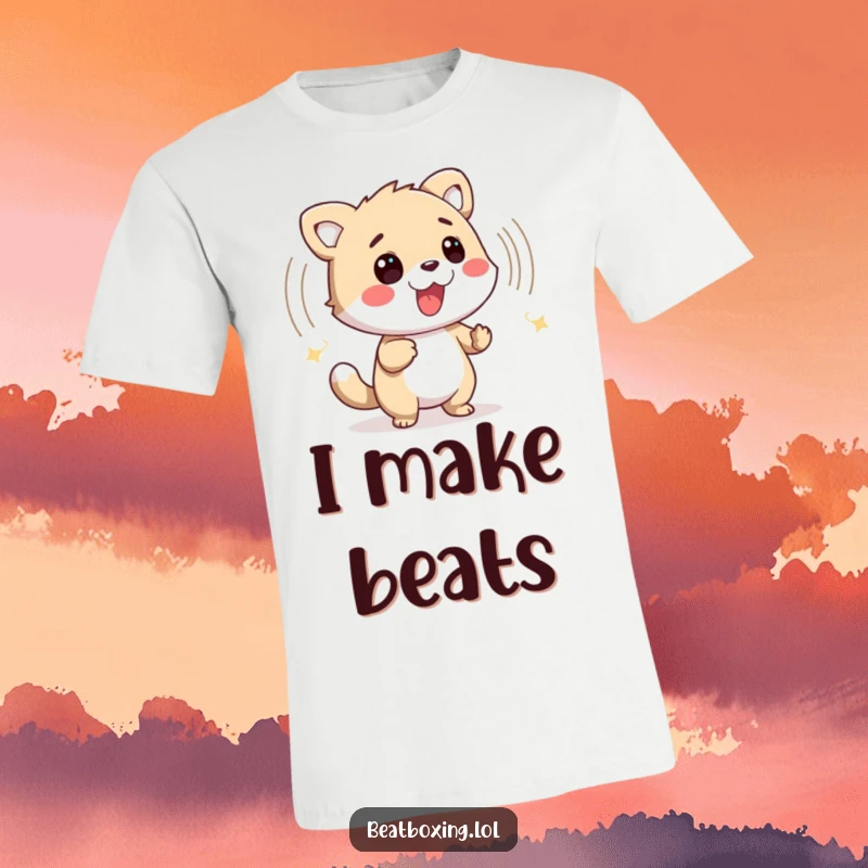 Funny t-shirt featuring a friendly animal character creating a vibrant, percussive sound wave, perfect for music lovers.