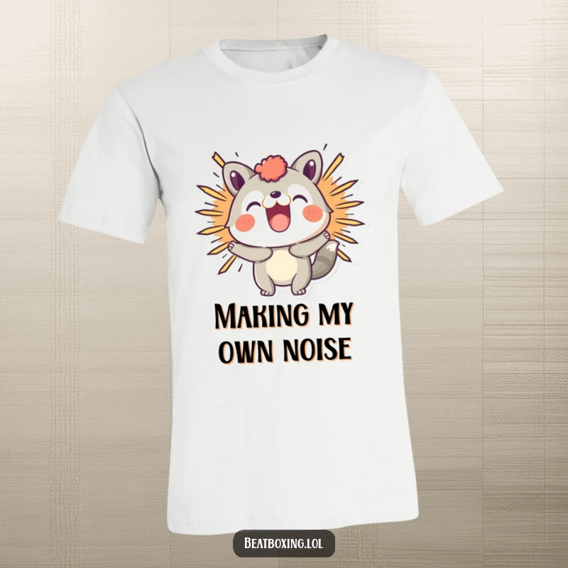 Funny t-shirt featuring a playful animal character visually depicting a loud 'BOOM' sound effect with enthusiasm.