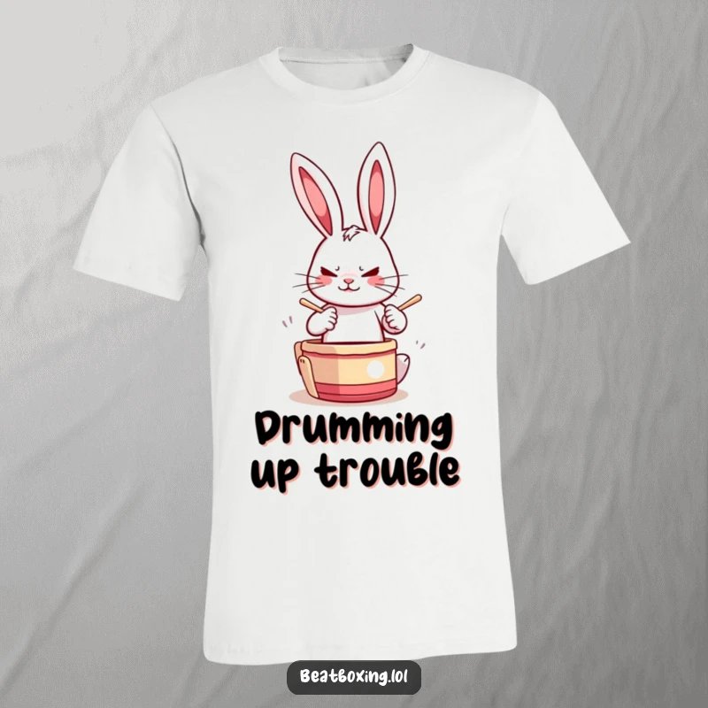 Funny Drumming Rabbit T-Shirt featuring a determined rabbit drumming paws rapidly, ideal for casual wear and expressing musical energy.