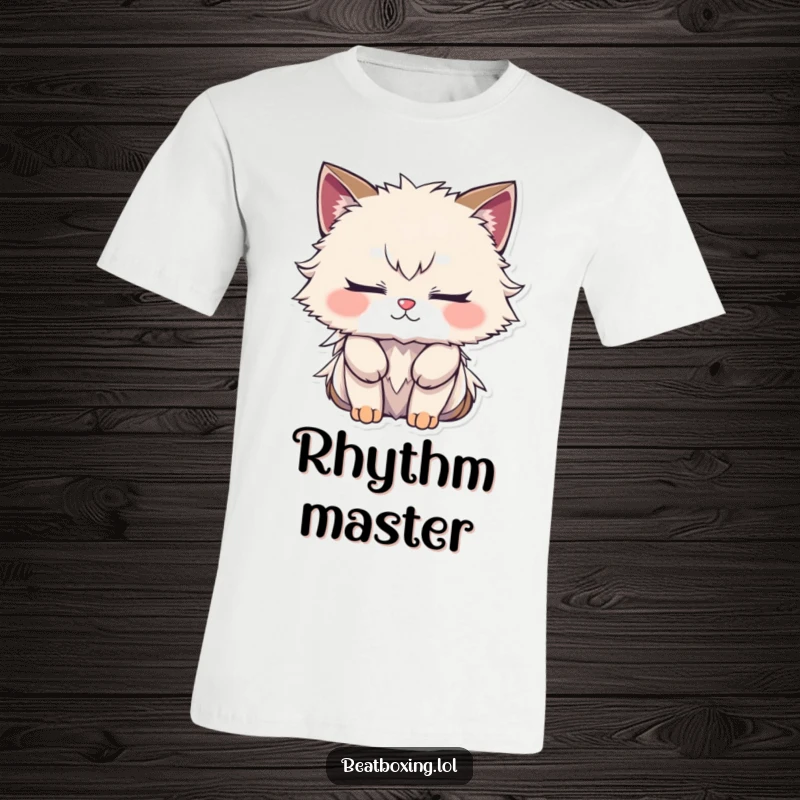 Funny t-shirt featuring a furry character with closed eyes, deeply focused on creating a complex rhythm, radiating musical dedication.