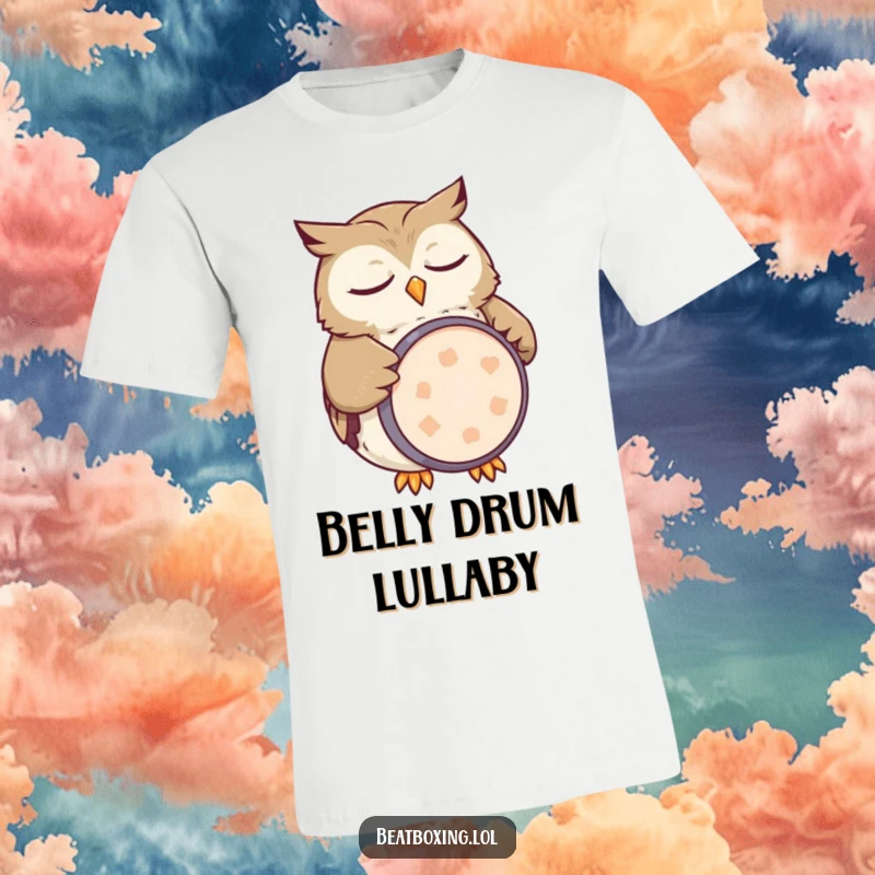 Funny owl t-shirt depicting a sleepy character mimicking a kick drum with its belly, a hilarious and relaxed drummer.