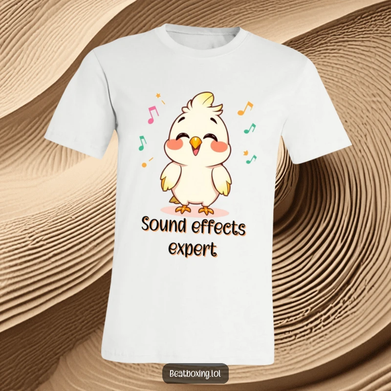 Funny t-shirt with a giggling parrot character making rapid-fire clicks and pops, mimicking sounds with a mischievous grin.