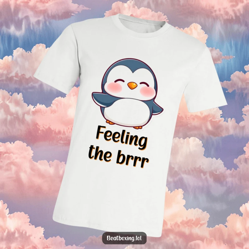 Funny Penguin T-Shirt: A penguin character vibrating its lips rapidly to make a 'brrr' sound, looking undeniably cold.