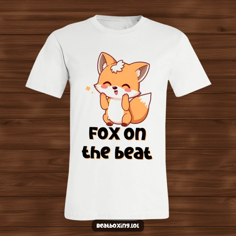 Funny t-shirt design of a playful fox wagging its tail and making rhythmic hand motions, great for a funny gift.