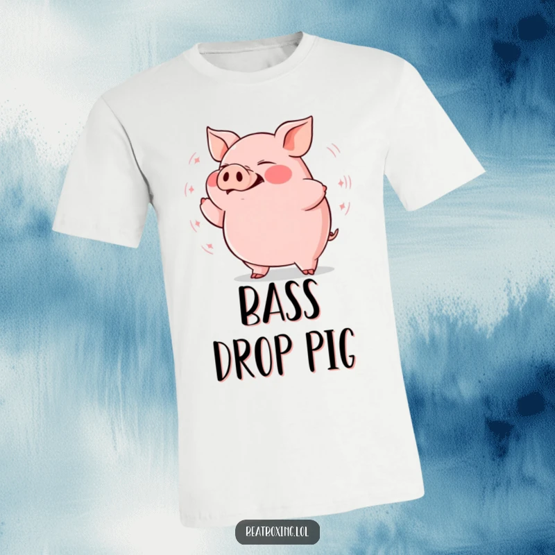 Funny plump pig t-shirt featuring a pig grunting rhythmically with visible bass vibrations, a humorous apparel gift.