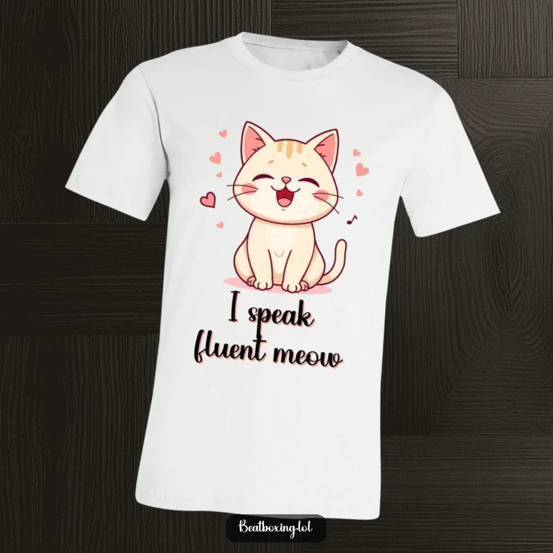 Funny Purring Cat T-Shirt featuring a happy cat purring with playful meows, ideal for casual wear and expressing feline charm.