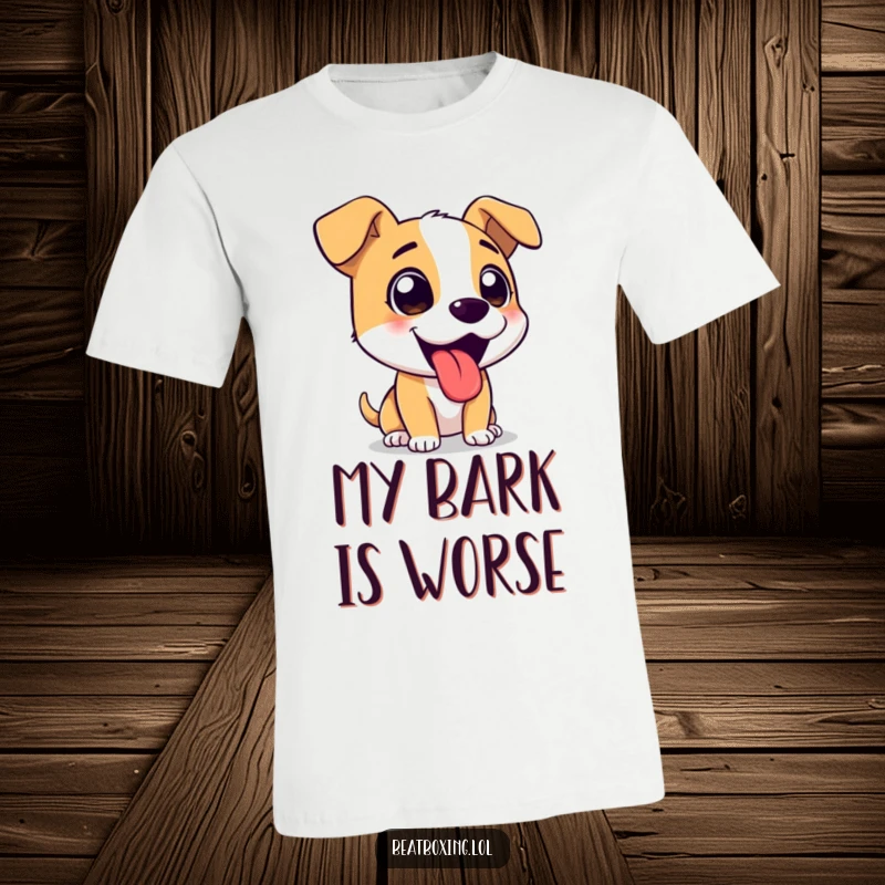 Funny t-shirt graphic of an adorable dog character mid-bark, tongue lolling out with pure excitement.
