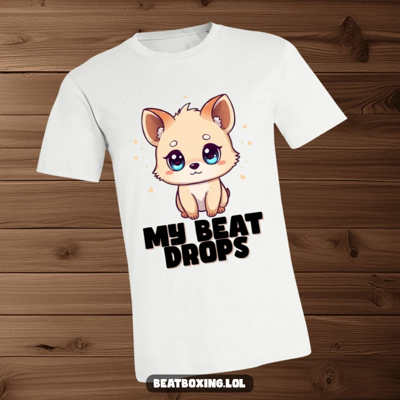 Funny Tiny Animal T-Shirt: A small, cute animal with wide, bright eyes, with musical beats visibly emanating from it.