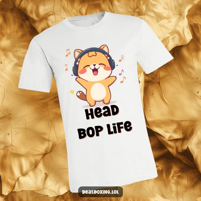 Funny t-shirt featuring a happy animal character energetically bobbing its head to an imaginary beat, full of life and rhythm.