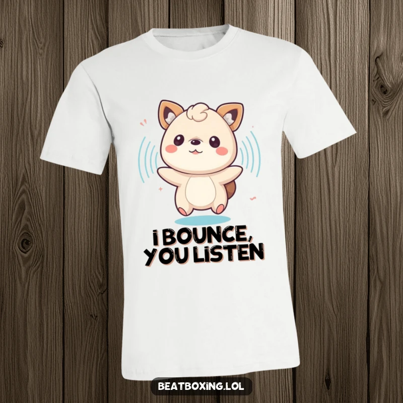 Funny t-shirt with a bouncing animal character immersed in pulsing sound waves, capturing kinetic joy.
