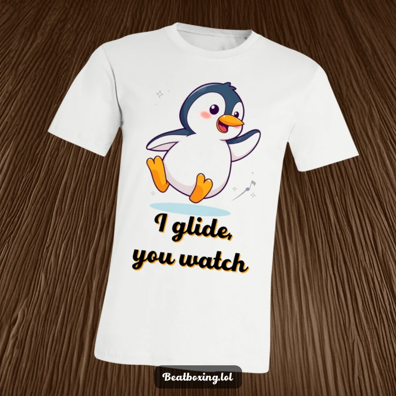 Funny Cool Penguin T-Shirt featuring a stylish penguin sliding and spinning with flair, ideal for casual wear and expressing a cool personality.
