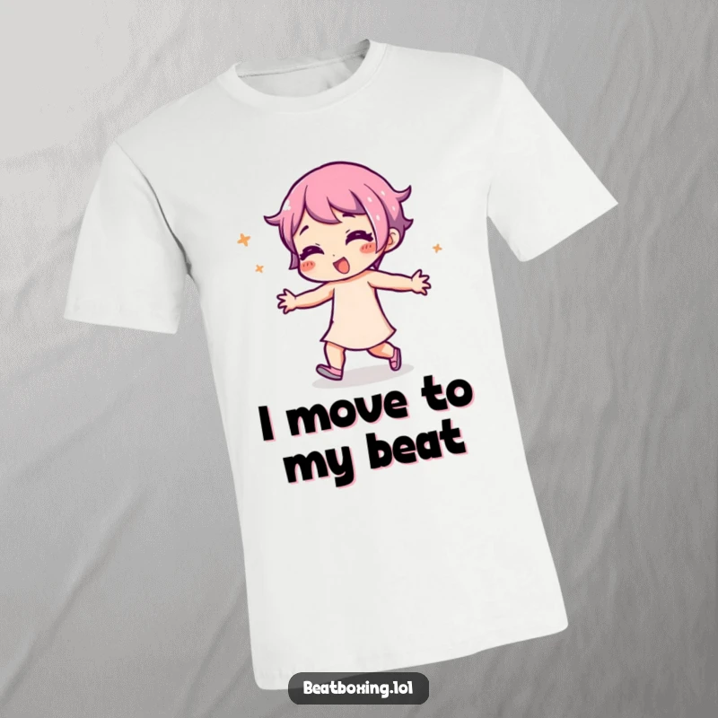 Funny T-Shirt showcasing a character with a playful expression, body captivated in energetic rhythmic movement, radiating happiness and fun.