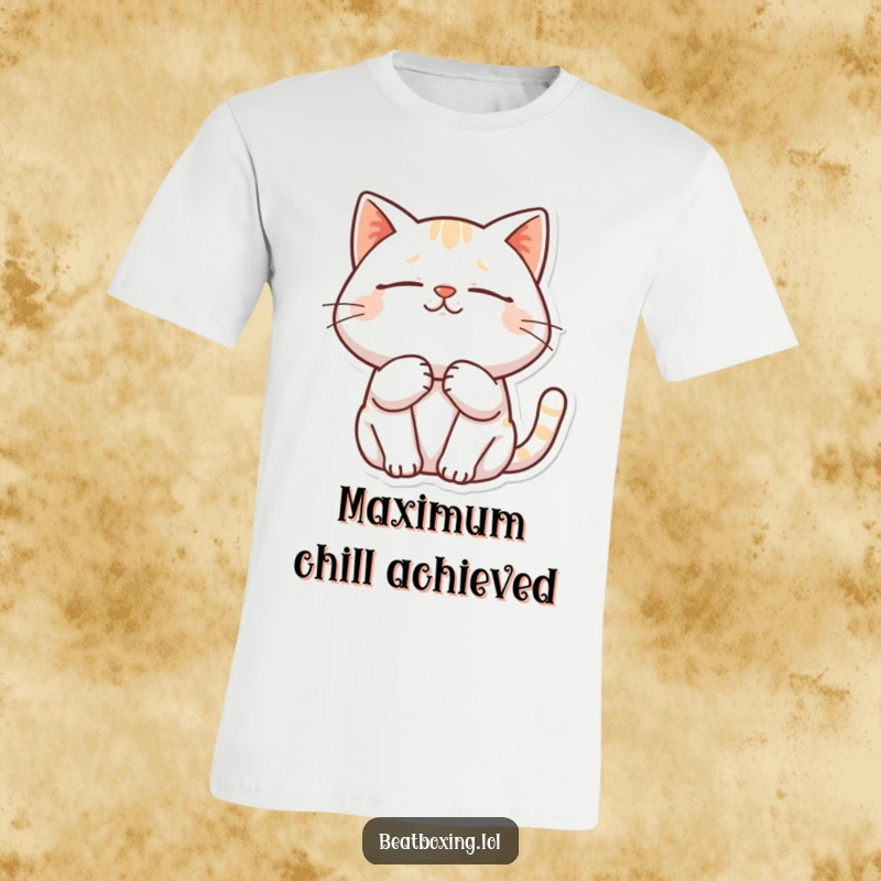 Funny t-shirt graphic of a happy cat purring deeply with closed eyes and a serene, contented look.