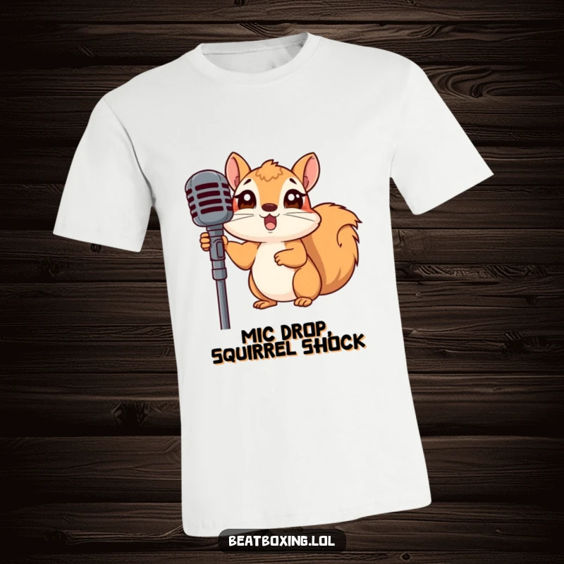 Funny t-shirt featuring a squirrel with a look of astonishment peeking from behind a microphone stand, ideal for gifts.