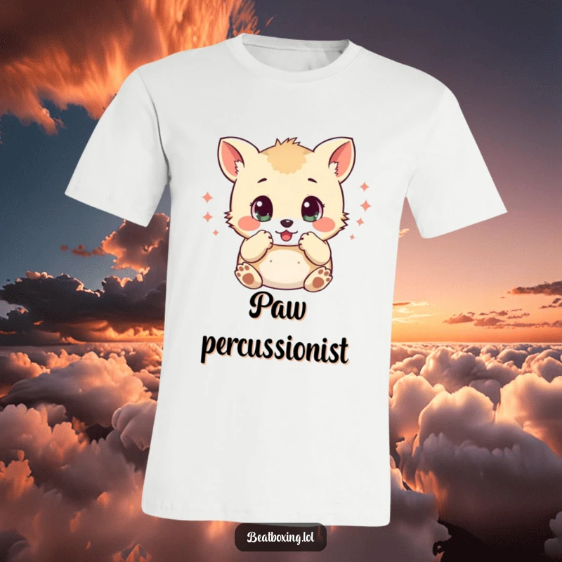 Funny t-shirt depicting a small animal character with wide eyes, creating percussive sounds with its paws, full of rhythmic energy.
