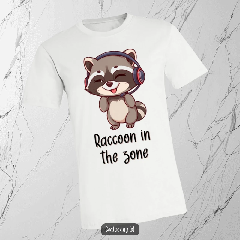 Funny t-shirt design of a winking raccoon adjusting a headset with a rhythmic grin, great for a funny gamer gift.