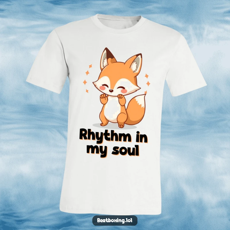 Funny Fox T-Shirt: A playful fox character energetically beating its paws, generating dynamic visual pulses, ideal for music fans.