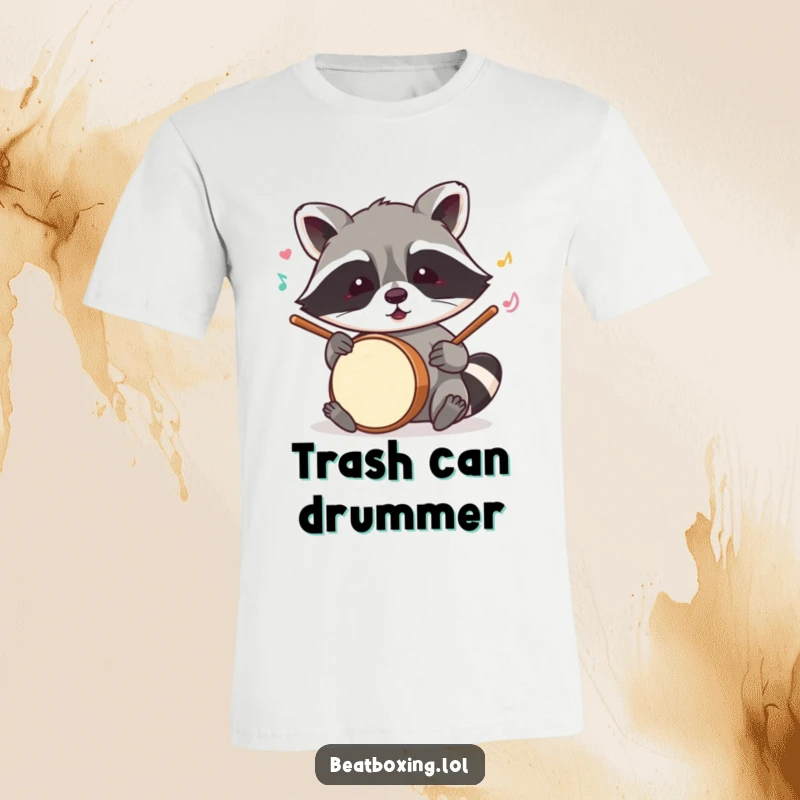 Funny raccoon t-shirt depicting a mischievous character mimicking drum sounds with its paws, a hilarious drummer.