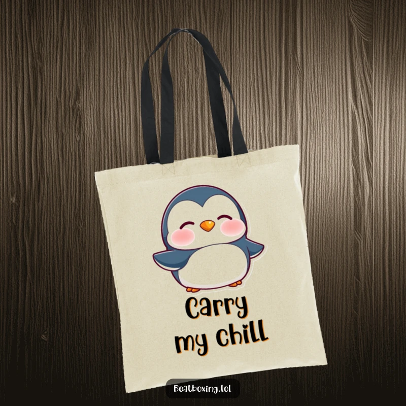 Funny Penguin Tote Bag: A penguin character vibrating lips for a 'brrr' sound, a cute and comical bag for everyday use.