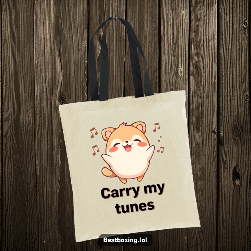 Funny tote bag featuring a round, smiling animal character joyfully beatboxing, ready to carry anything.