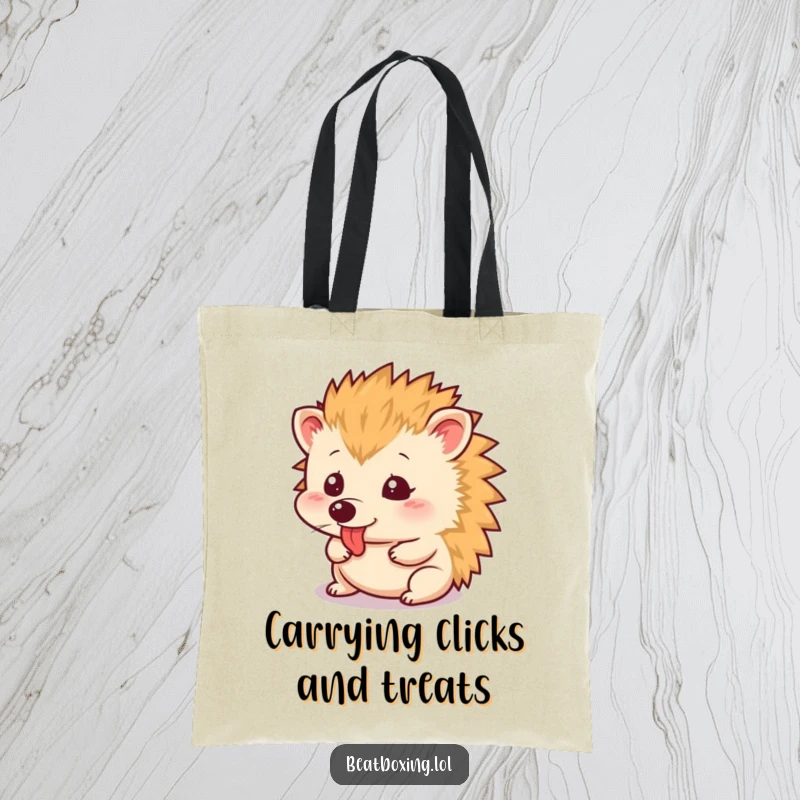Funny Tote Bag featuring a small hedgehog known for its rapid tongue clicking, a practical and amusing accessory.