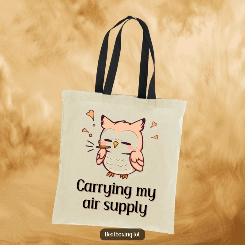 Funny Owl Tote Bag: An owl character blowing air out for a 'p' sound, showcasing a cute and comical graphic for everyday use.