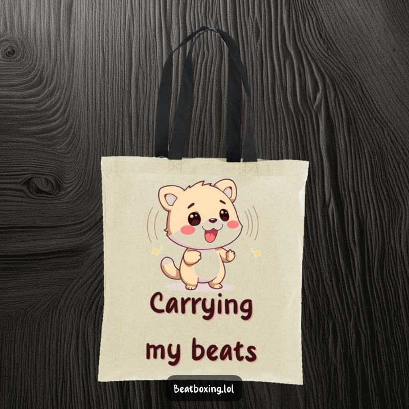 Funny tote bag with a friendly animal character emitting a bold percussive sound wave, ideal for music lovers.