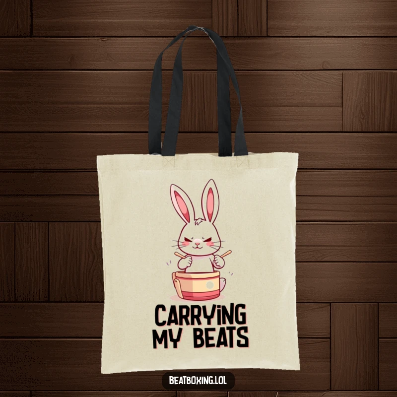 Funny Drumming Rabbit Tote Bag showcasing a determined rabbit drumming paws rapidly, great for shopping and carrying essentials with musical flair.