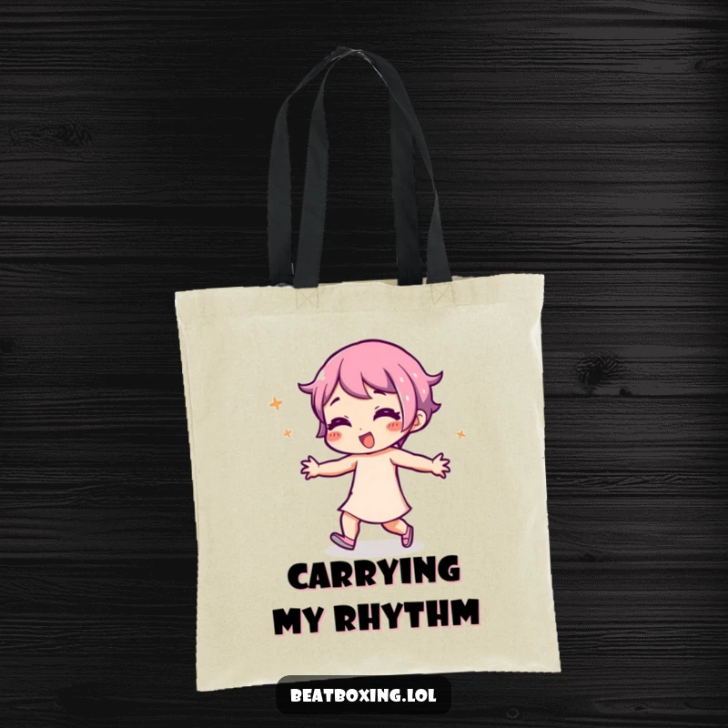 Funny Tote Bag showcasing a character with a playful expression, body in mid-rhythmic movement, ideal for carrying groceries or gear.