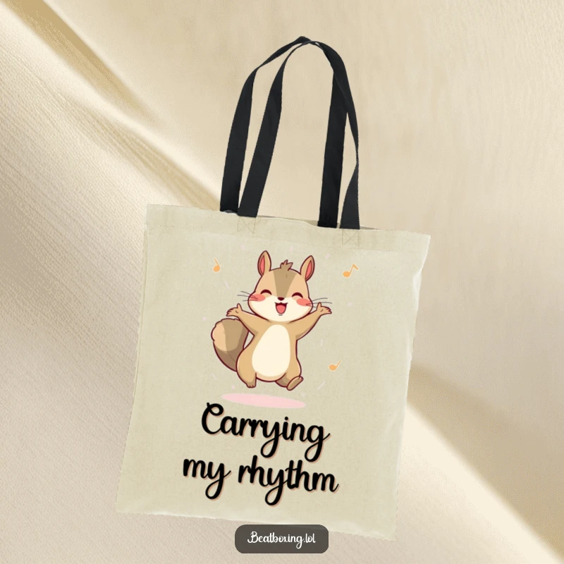 Funny tote bag with a happy squirrel bouncing energetically to an unheard rhythm. Practical and humorous for everyday use.