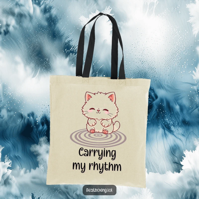 Funny tote bag featuring a fluffy cat creating rhythmic patterns with its paws on a surface, embodying cute and funny artistic expression.