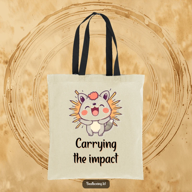 Funny tote bag illustrating a playful animal character making a visual 'BOOM' sound effect with animated flair.