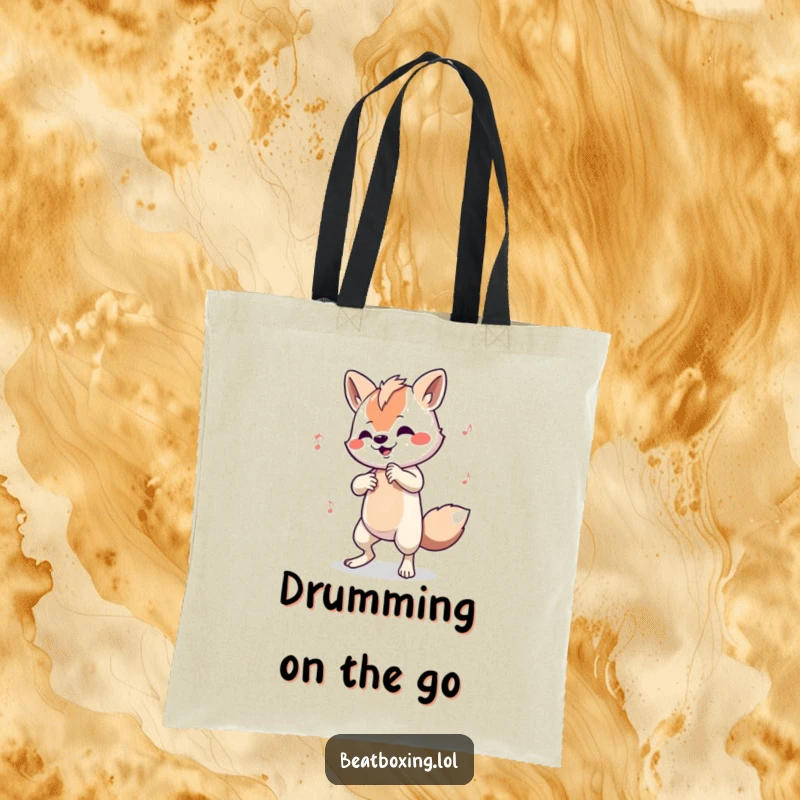 Funny tote bag with an animal character tapping out an intricate beat on its limbs, for music lovers.