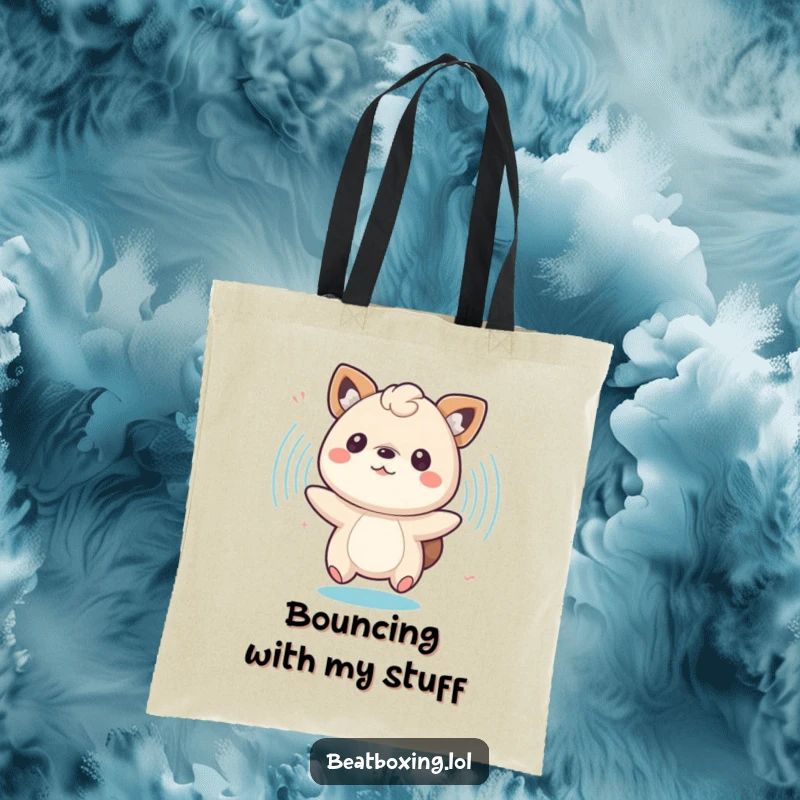 Funny tote bag with a bouncing animal character amidst pulsing sound waves, perfect for party-goers.
