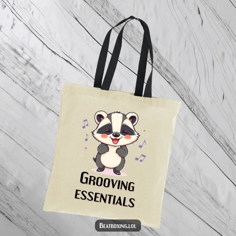 Funny badger tote bag featuring a cheerful character grooving to a beat with head nods, a humorous and practical accessory.
