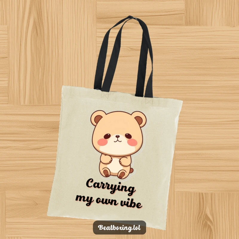 Funny tote bag featuring a cute bear character hilariously bobbing its head to music, cheeks puffed, ready for errands.