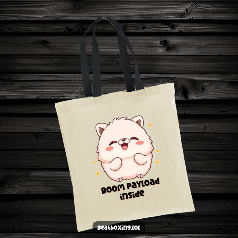 Funny tote bag showcasing a fluffy animal character with puffed cheeks making a 'boom' sound, perfect for carrying essentials with humor.