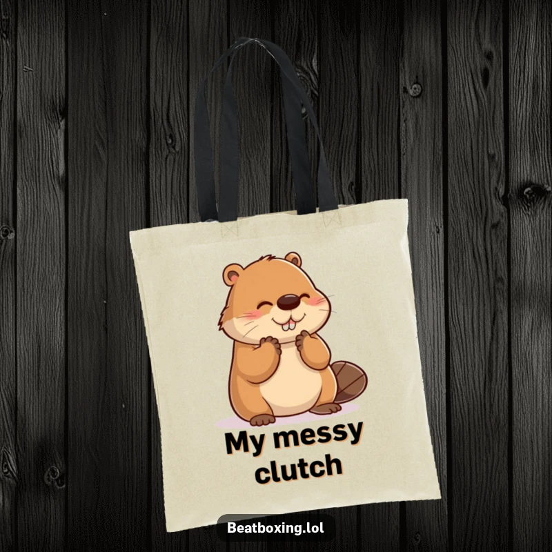 Funny tote bag showing a clumsy beaver hilariously attempting to clap, missing the rhythm with charm.