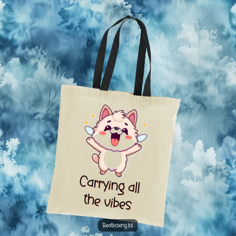 Funny tote bag depicting a fuzzy animal character vibrating with energy, mouth open in a comically excited expression.