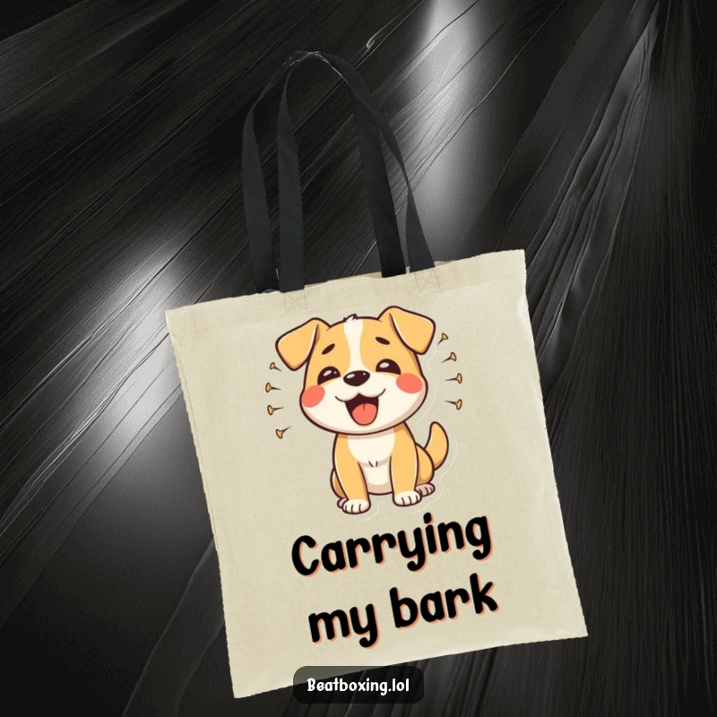 Funny happy dog tote bag with a dog barking rhythmically, emitting sound waves, a practical and humorous gift.