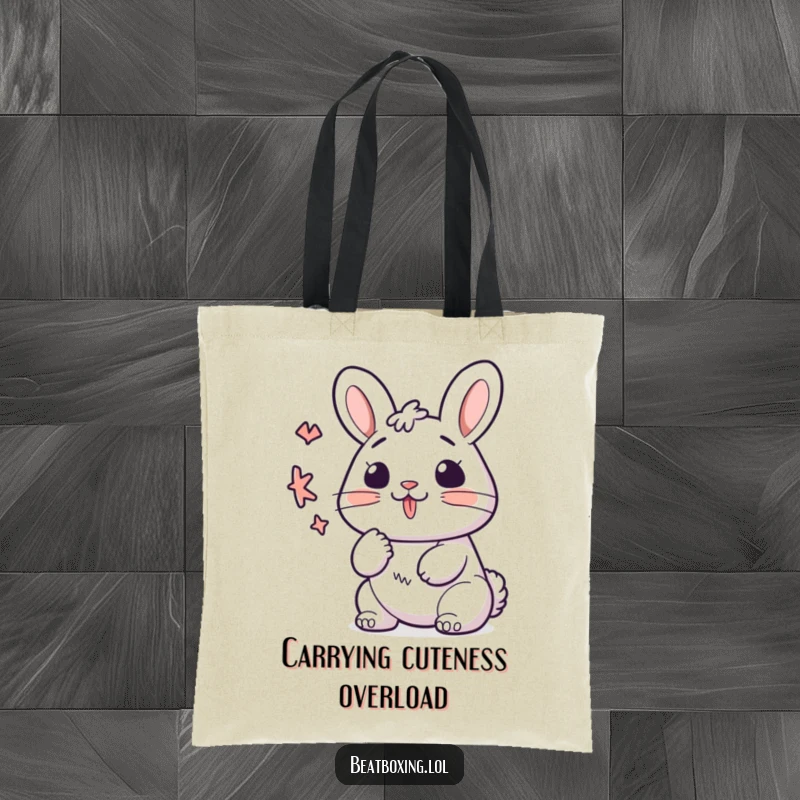 Funny kawaii bunny tote bag, lips making a 'K' sound rhythmically, cute and practical for carrying music gear.