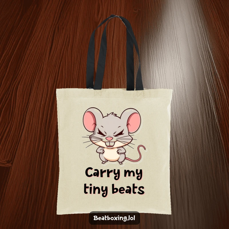 Funny mischievous mouse tote bag with a mouse making sharp beats by clicking its teeth, a practical and humorous gift.