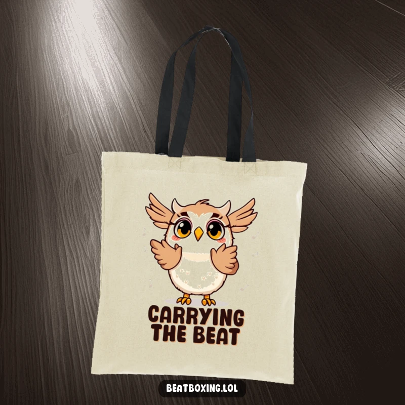 Funny tote bag with a surprised owl character clapping its wings rhythmically, eyes wide with musical joy, perfect for music lovers.