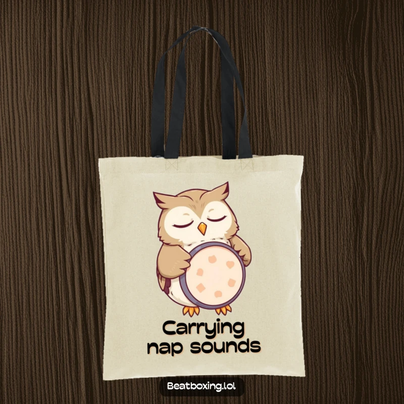 Funny owl tote bag featuring a sleepy character mimicking a kick drum with its belly, a humorous and practical accessory.