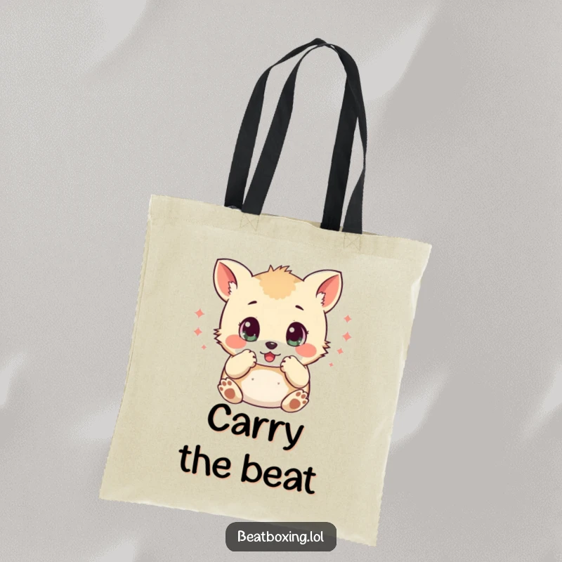 Funny tote bag with a small animal character, wide eyes, mimicking percussive sounds with its paws, perfect for music lovers.