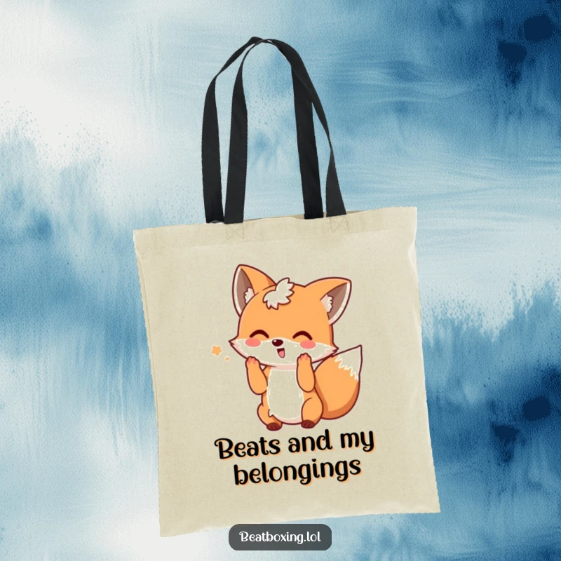 Funny tote bag with a playful fox wagging its tail and making beat motions, a humorous and practical gift.