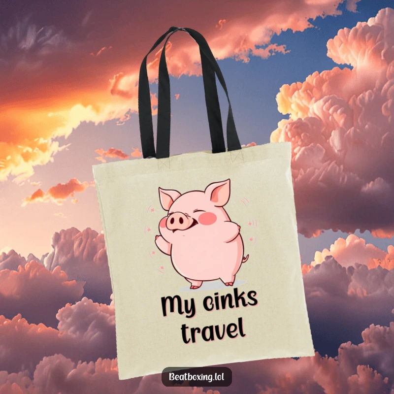 Funny plump pig tote bag with a pig grunting rhythmically with visible bass vibrations, a practical and humorous gift.