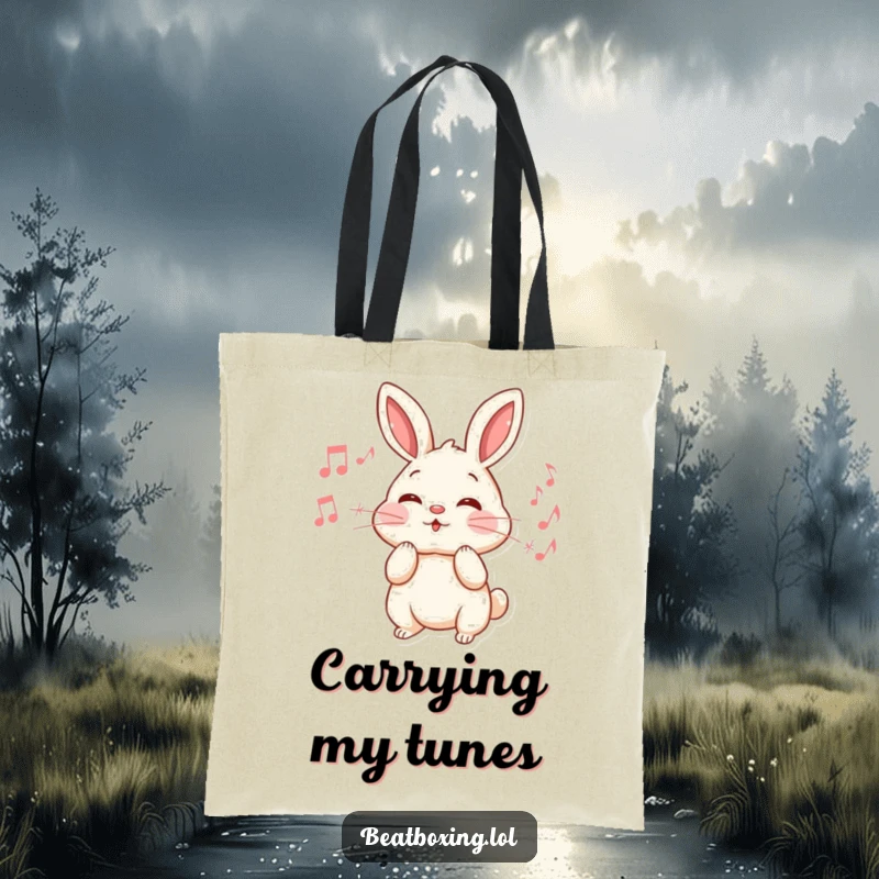 Funny Rabbit Tote Bag: An energetic rabbit puffs its cheeks, blowing out a stream of musical notes, a humorous musical accessory.