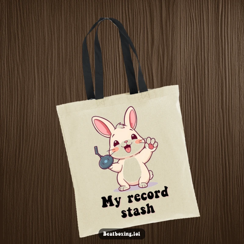 Funny tote bag with a delighted rabbit executing a classic record scratch, ideal for carrying music or daily essentials.