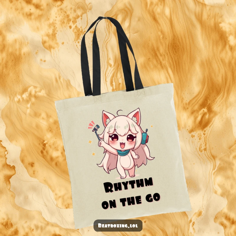 Funny Tote Bag showcasing a character in a dynamic pose that conveys audible rhythm, perfect for everyday use.